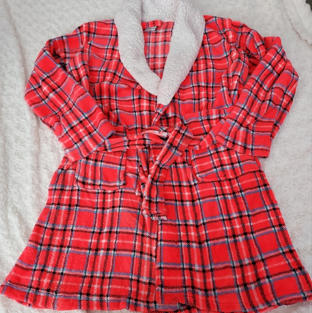 Cozy Pink plush plaid short bath robe with pockets Small Loungewear Everyday
